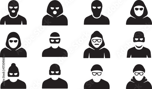 Vector art of collection of masked figures in black silhouette