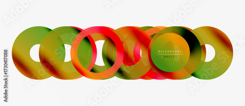Colorful overlapping circles create dynamic abstract design. Gradient hues blend smoothly, forming modern visual element.