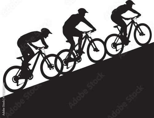 Cyclists ascend steep hill in dynamic silhouette