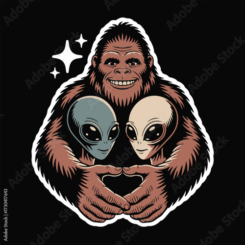 Bigfoot with Aliens Vector Illustration, Funny Cryptid and Extraterrestrial Cartoon Artwork, Sasquatch Hugging UFO Aliens Making Heart Hands, Mythical Creature and Sci Fi Fantasy Design for Stickers, 