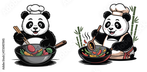 Cute Panda Chef Cooking Asian Food Vector Illustration, Cartoon Animal Character Wearing Chef Hat and Apron Stir Frying Vegetables in Wok, Adorable Culinary Bear Artwork for Restaurant, Kids Menu, Foo