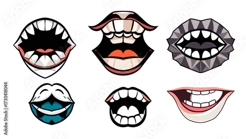 Beautiful vector illustration of woman's lips with a smile set, showcasing red lipstick makeup and teeth