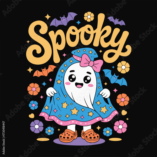Cute Spooky Ghost Halloween Cartoon with Blanket, Bats, Flowers, and Text – Kawaii Style Character Illustration in Pastel Colors – Fun and Adorable Ghost for Kids and Holiday Designs