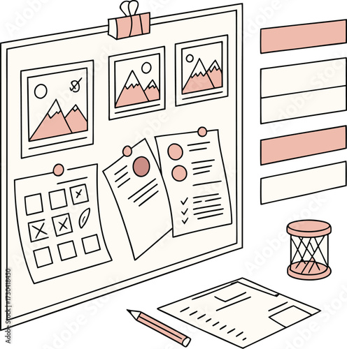 Flat Line Art Illustration of Bulletin Board with Calendar, Notes, Task List, Photos, Hourglass, and Pencil for Productivity, Organization, Planning, Office, and Creative Workspace