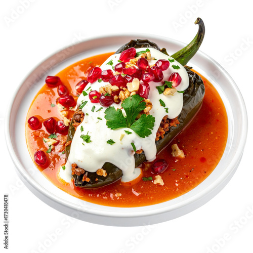 Traditional Mexican Chiles en Nogada with Poblano Pepper, Walnut Cream Sauce, and Pomegranate Seeds on a White Plate