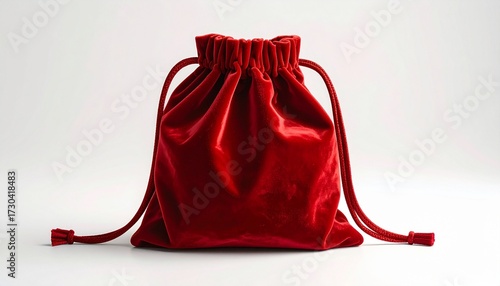 A red velvet drawstring pouch—closed and resting softly, cords knotted at each end. A metaphor for secrecy and the choreography of value through plush containment and ceremonial stillness.