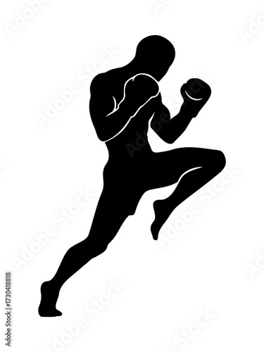 Muay Thai fighter in a flying knee pose, dynamic combat sports vector silhouette