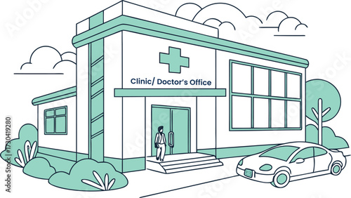 Modern Clinic or Doctor’s Office Building with Car and Patient – Healthcare Facility, Medical Center Architecture, Outpatient Services, Hospital Exterior Vector Illustration