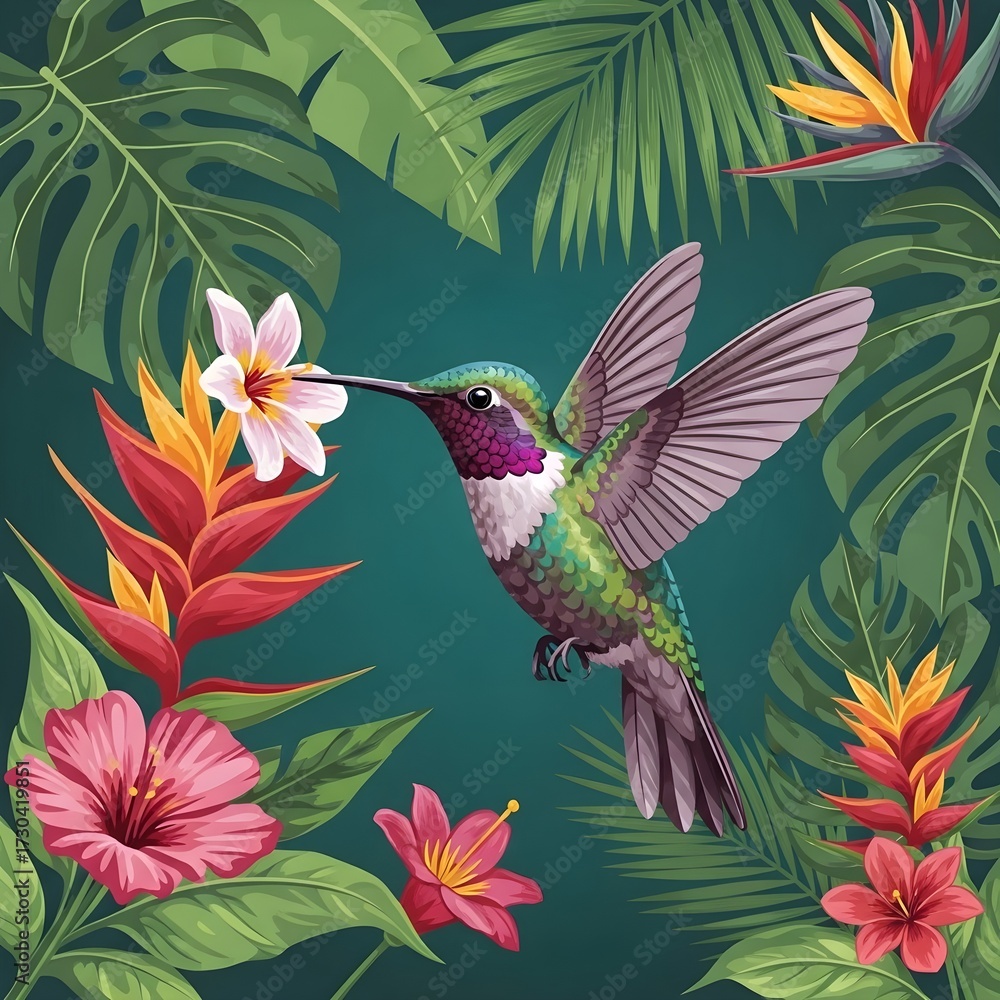 Obraz premium Vibrant Hummingbird amidst Exotic Tropical Flowers and Lush Green Foliage Illustration