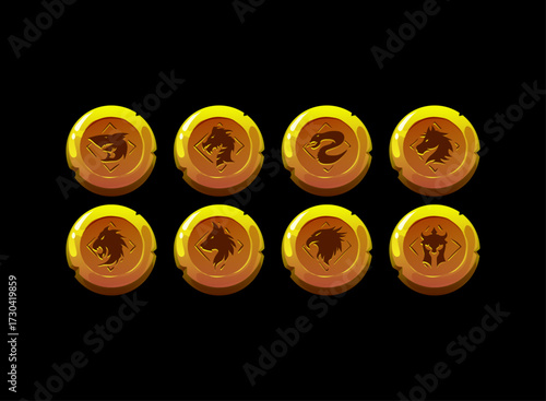 Fantasy clan emblem coin pack. Gold token with dragon, wolf, serpent, bull, lion symbols. RPG currency asset, reward, shop money, medal icon for TCG, MMO, mobile and PC games.