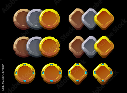 Fantasy coin token pack, rough rustic and clean. Bronze silver gold gem icons. Round and square currency asset. RPG money, reward, ranking medal, shop UI design for mobile and PC games.