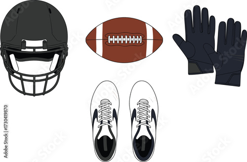 American football gear including helmet ball cleats and gloves isolated