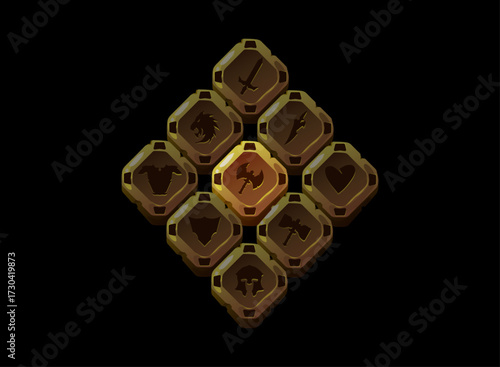 Fantasy rustic icon coin pack. Square dark token with sword, axe, shield, heart, beast, armor, warrior silhouette. RPG skill currency, upgrade reward, inventory marker, loot and UI element.
