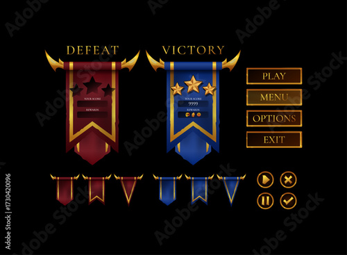 Fantasy RPG game UI victory defeat banner pack. Medieval red blue flags with gold trim, star rating, score panel, menu play options exit buttons, and ornate clan style icons for RPG MOBA card games.