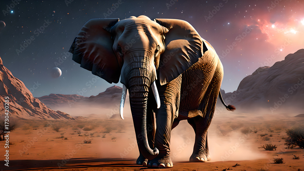 Fototapeta premium A majestic elephant walking in a surreal desert at night