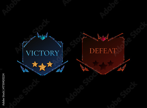 Fantasy victory defeat shield badge UI. Gem crystal reward star game result popup interface for rpg moba card battle dungeon crawler fighting game. Elegant medieval gothic ui overlay pack.