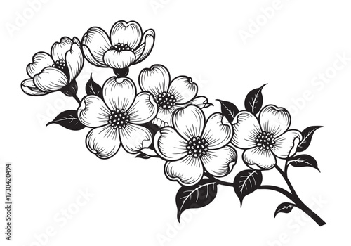 Elegant Black and White Floral Vector Illustration – Hand Drawn Decorative Blossom Branch with Detailed Petals and Leaves for Tattoo Design, Vintage Art, Wedding Invitation, Pattern, and Botanical Dec