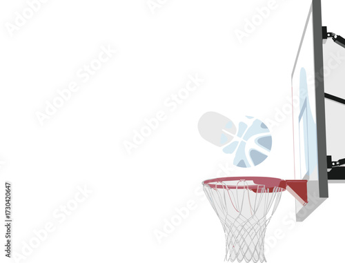 Basketball in motion towards hoop with net and backboard