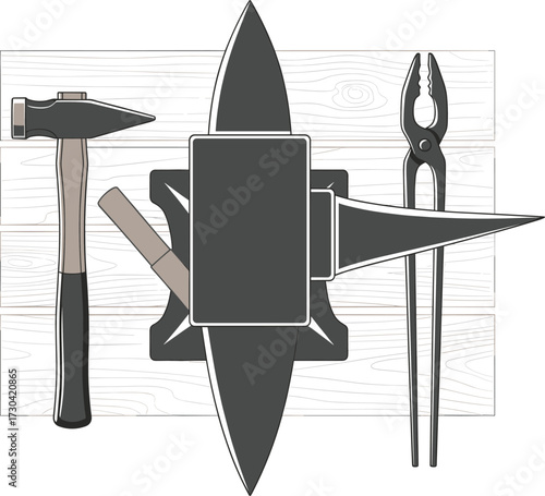 Blacksmith anvil hammer and tongs illustration on white background
