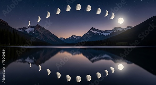 Moon Phases Over Mountain Lake.