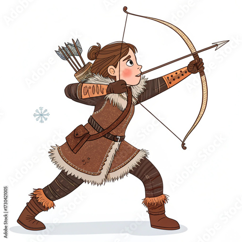 Young archer in fur lined clothing aims bow and arrow