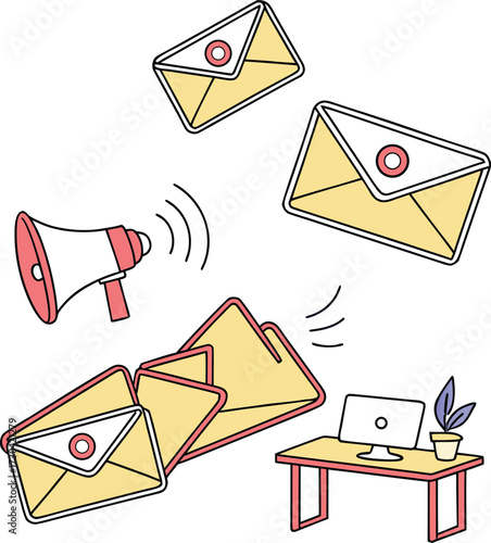 Email marketing notification with envelopes, megaphone, and computer desk symbolizing digital communication, newsletter promotion, online messages, and business correspondence illustration