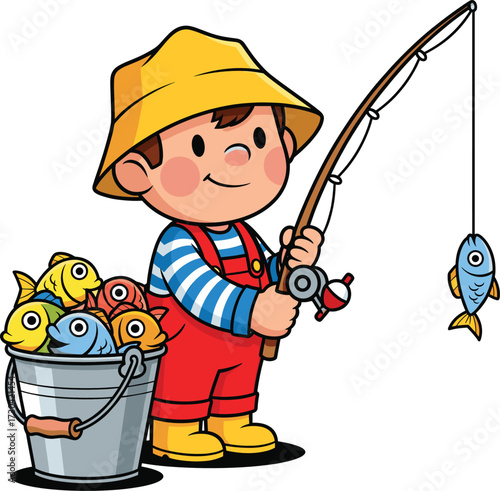 Cartoon boy with fishing rod and bucket full of fish