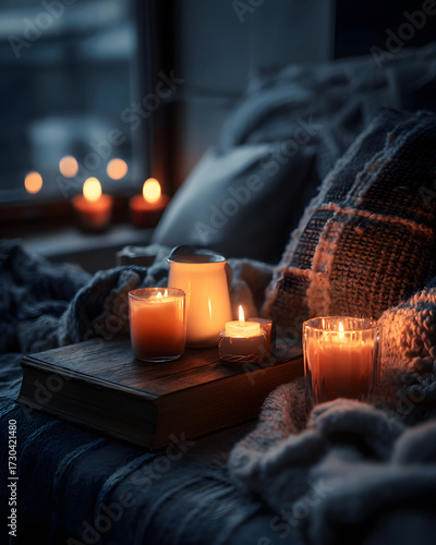 Cozy Bedtime Scene with Flickering Candles and a Book on a Soft Blanket by the Window