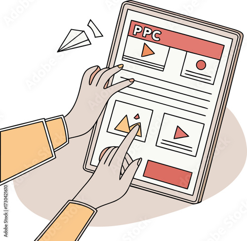 Hands using tablet with PPC pay per click advertising interface symbolizing digital marketing, online ads, website promotion, campaign strategy, and internet business growth illustration