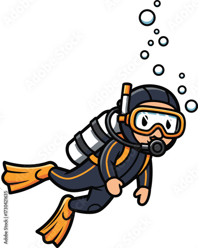 Cartoon diver with scuba gear and orange fins swimming underwater with bubbles