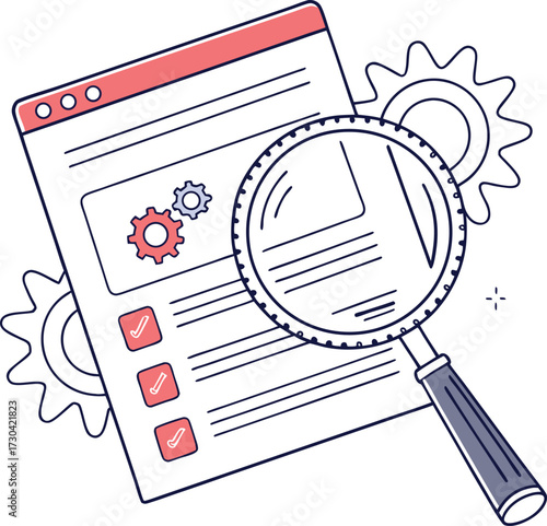 Magnifying glass and gears analyzing web page interface symbolizing website optimization, SEO, data analysis, search engine marketing, technical audit, and digital technology illustration