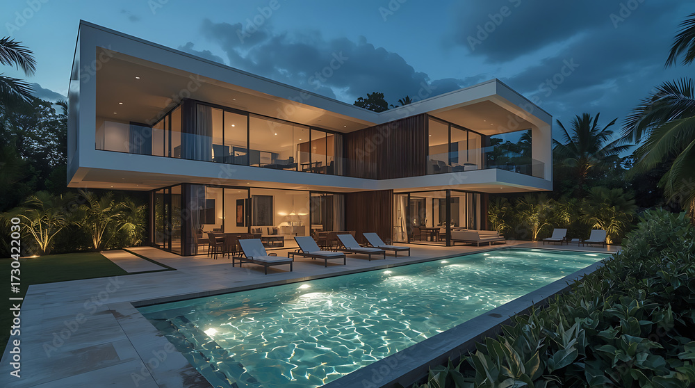 Fototapeta premium Dreamy luxury villa with pool beckons on twilight, perfect for upscale travel brochures, real estate marketing, and sophisticated lifestyle content