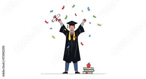 Triumphant graduate celebrating academic accomplishment under a shower of confetti in graduation attire
