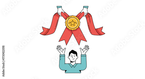 Celebrating Achievement: Man Receives Award with Hands Held High in an Illustrative Scene of Recognition and Success