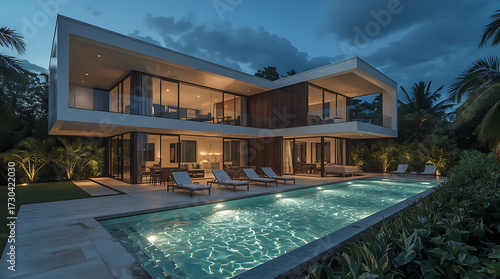 Wallpaper Mural Dreamy luxury villa with pool beckons on twilight, perfect for upscale travel brochures, real estate marketing, and sophisticated lifestyle content Torontodigital.ca