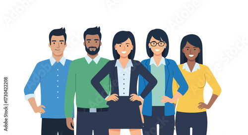 Diverse and Confident Team: Illustration of a Group of Professionals Standing Together with a Leader in Focus
