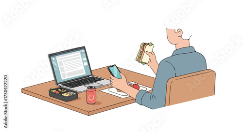 Digital Lunch Break: A Casual Illustration of a Professional Integrating Technology with Mealtime during the Day Time Work Hours