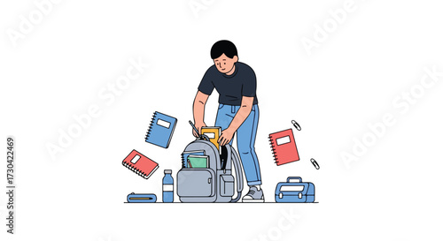 A student carefully packing their backpack with books and school supplies, ready for an exciting day of learning and academic endeavors