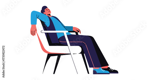 Man in repose on chair, illustration conveying relaxation and calm with a modern design, symbolizing tranquility and ease, a peaceful scene of