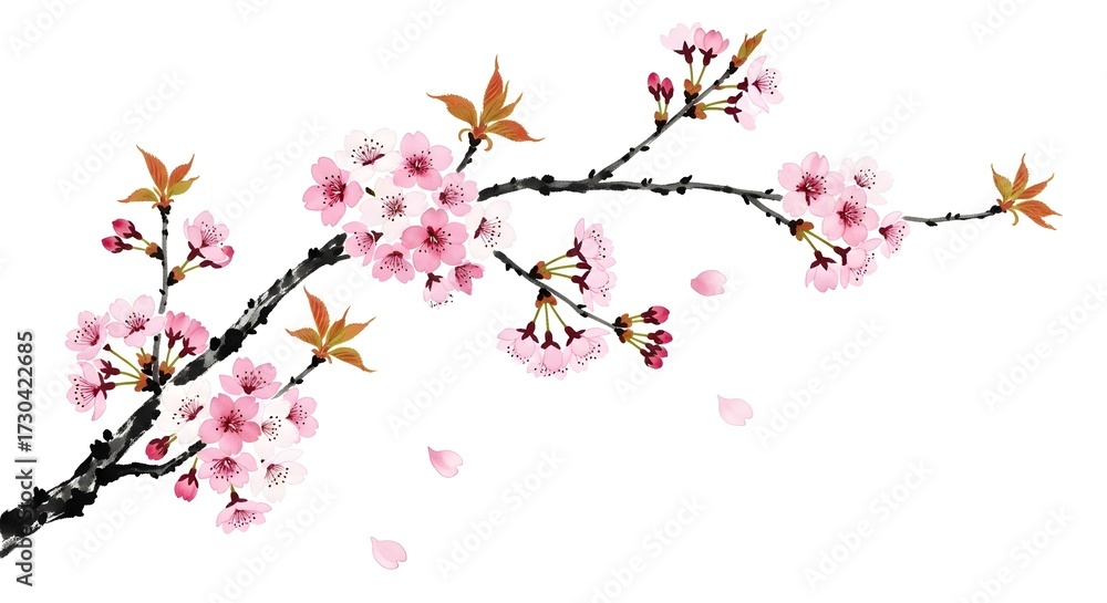 Fototapeta premium Cherry blossom branch with soft pink flowers and falling petals, symbolizing beauty, renewal, and the fleeting nature of life in Japanese tradition.