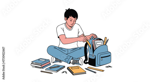 Student preparing for school, packing his backpack with books and school supplies, sitting cross legged on a white background