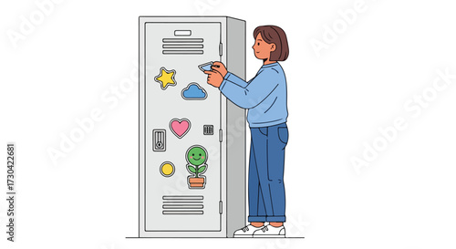 Adolescent girl decorating a gray metal school locker with colorful stickers expressing her personality and interests through fun decorations