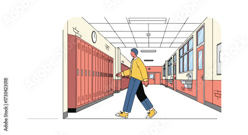 A student navigating the bright hallways of academic campus, surrounded by rows of lockers during learning hours, illustrating the vibrant school