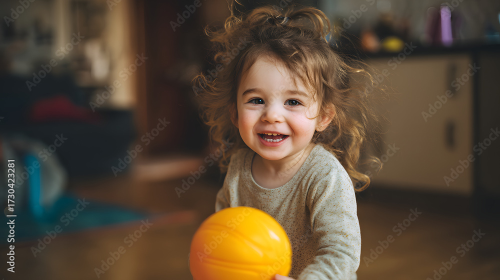 Fototapeta premium Happy Little Girl Playing with a Yellow Ball in a Cozy Indoor Setting Radiating Joy and Innocence