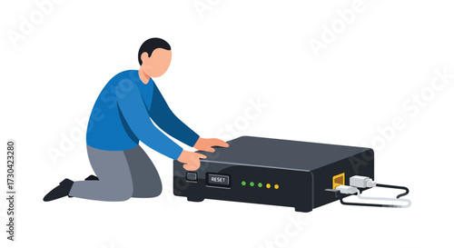Troubleshooting network connection at home, an illustration of a man resetting his router to fix his internet problem for better connection at home