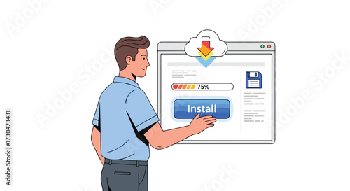 Cartoon man installing software from the cloud depicted in a clean graphic interface application for technology and business illustrations