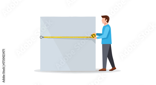 Man measuring the dimension of a wall with a yellow measuring tape, illustration of size measurement, construction and repair concept