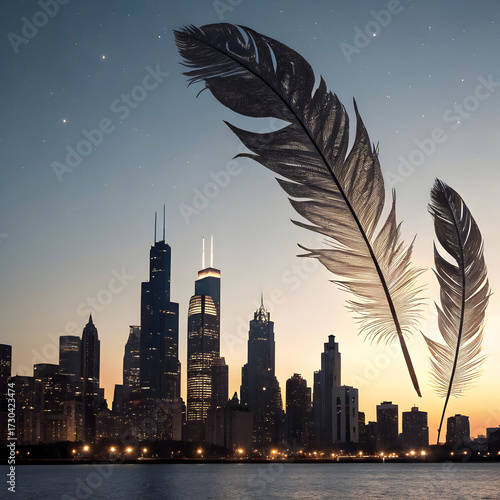 A surreal city skyline emerges from a feather silhouette, blending urban architecture with delicate