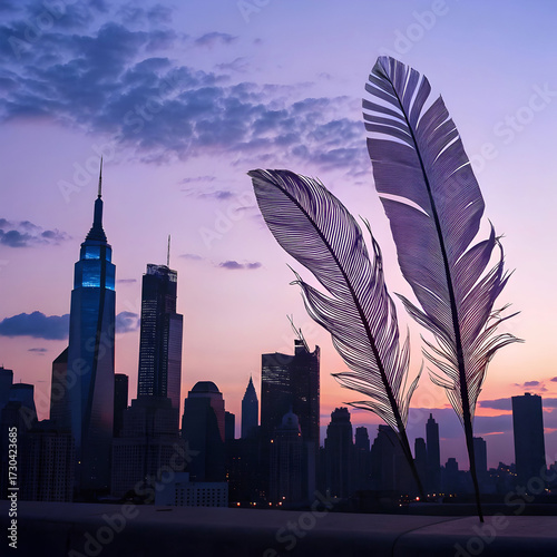 A surreal city skyline emerges from a feather silhouette, blending urban architecture with delicate