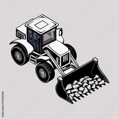 Isometric Illustration of a White Bulldozer with a Full Bucket Carrying Rocks and Stone
